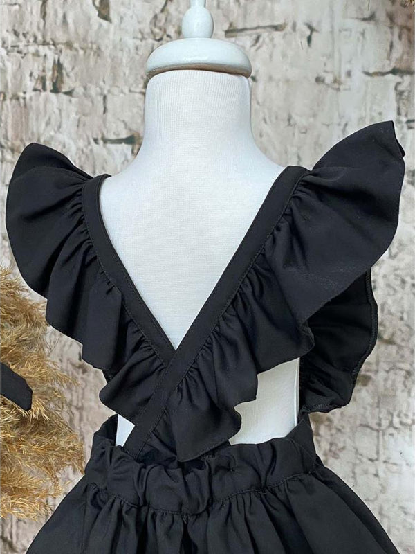 Shecco Babba Askıları Fırfırlı Kız Çocuk Elbise Bandana Takım 6-10 Yaş - Siyah