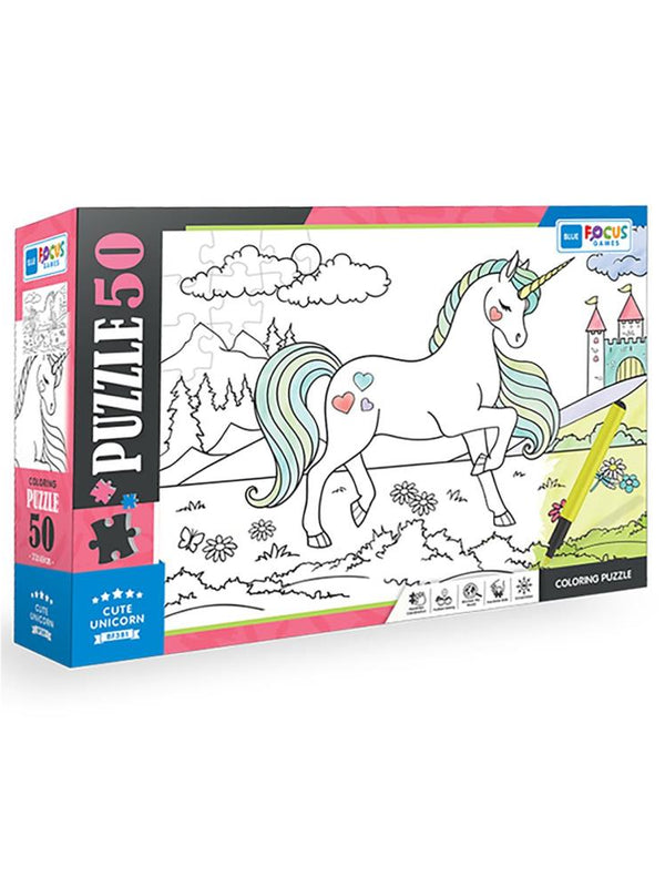 Blue Focus Games 50 Parça - Coloring Puzzle Cute Unicorn (Sevimli Tek Boynuzlu At)