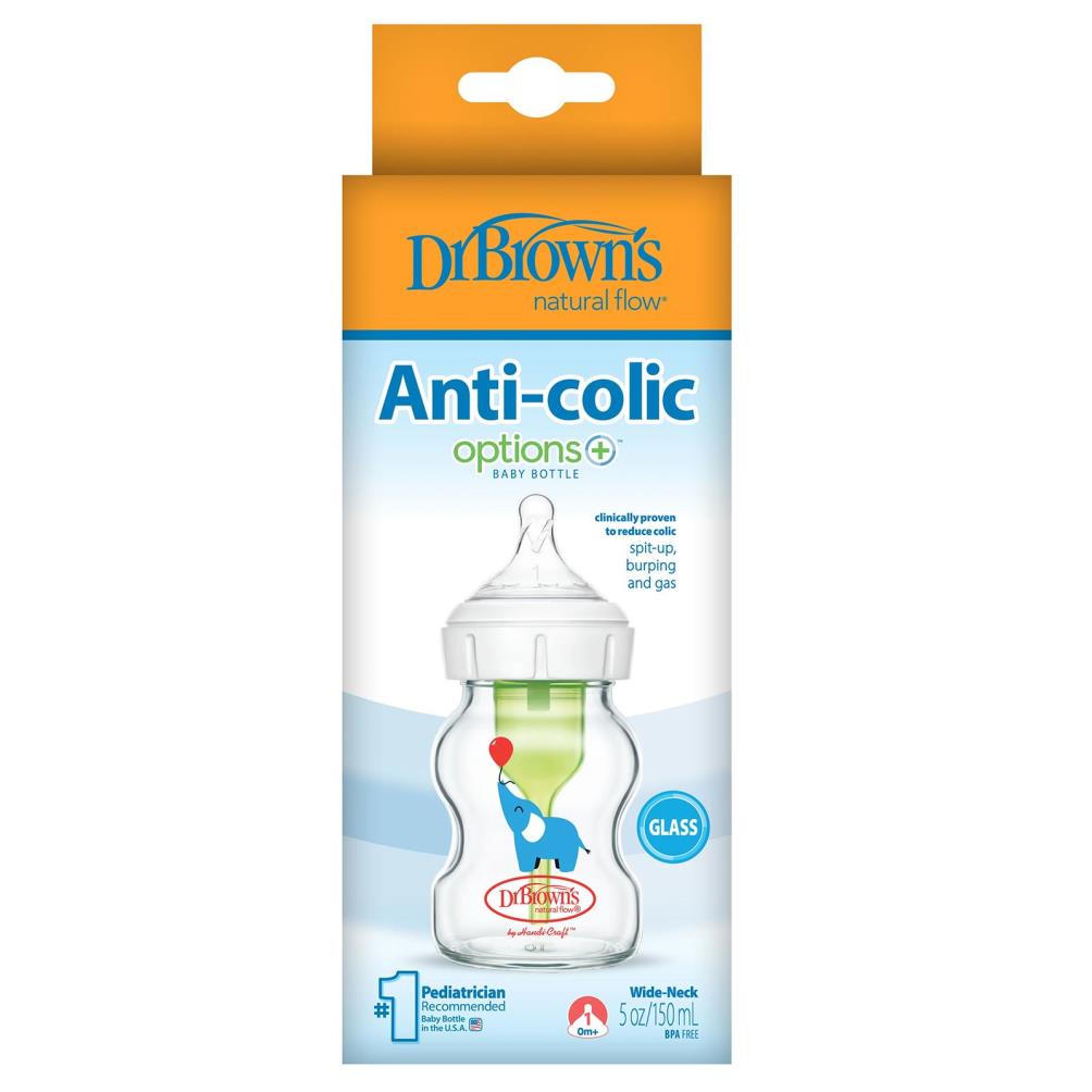 Dr. Browns Geniş Ağız Anti-Kolik Cam Biberon 150 ml Fil Desenli