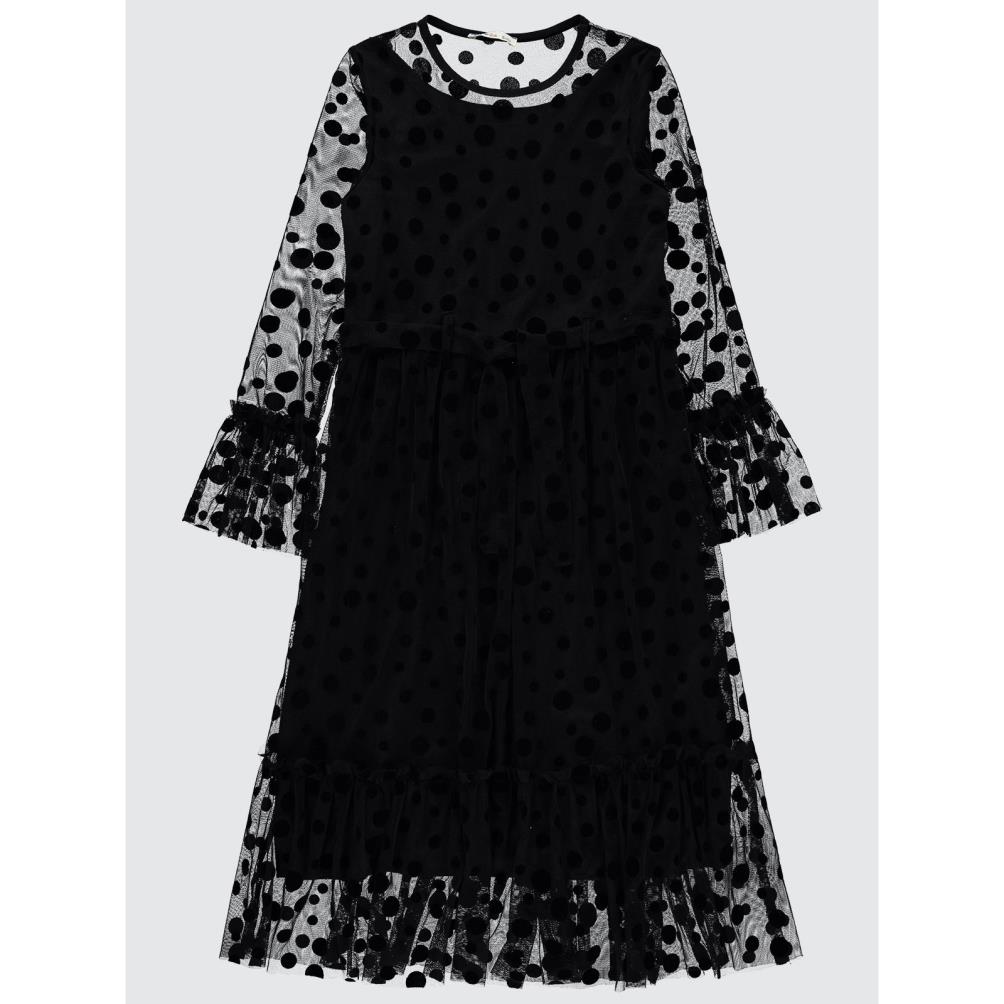 Civil Girls Puanlı Flog Baskılı Tül 10-13 Yaş Elbise - Siyah