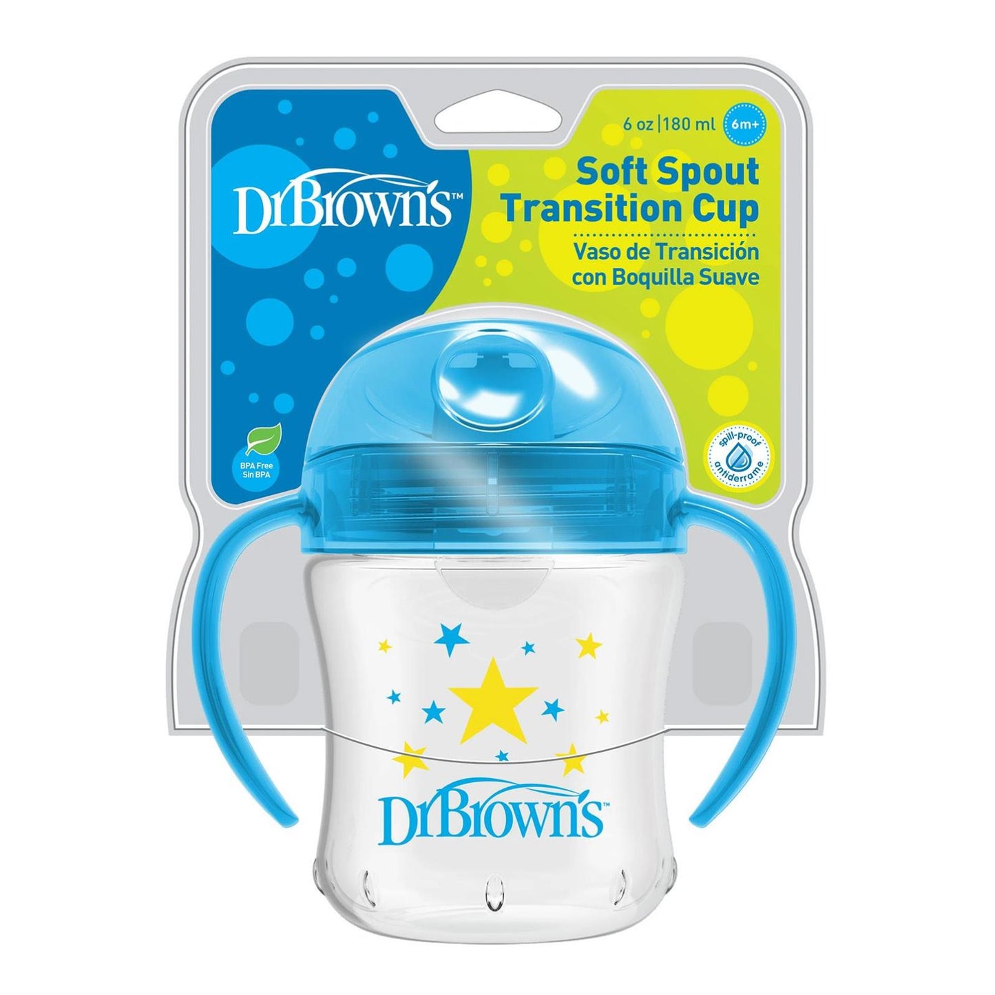 Dr. Browns Silikon ağızlı Alıştırma Bardağı (6m+) 180 ml Mavi Yıldız Desenli