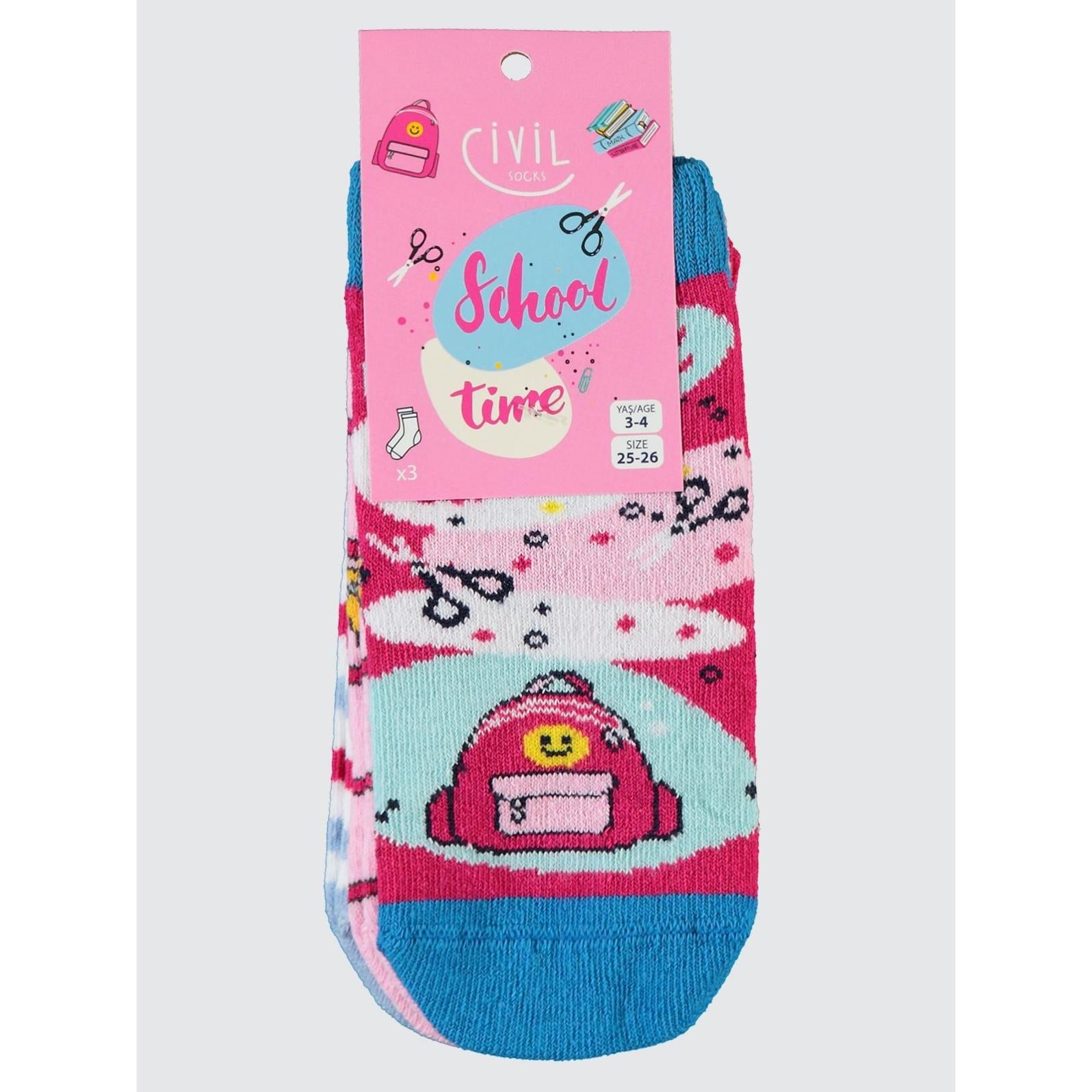 Civil Socks  Back To School 3'lü 2-12 Yaş Kız Soket Çorap