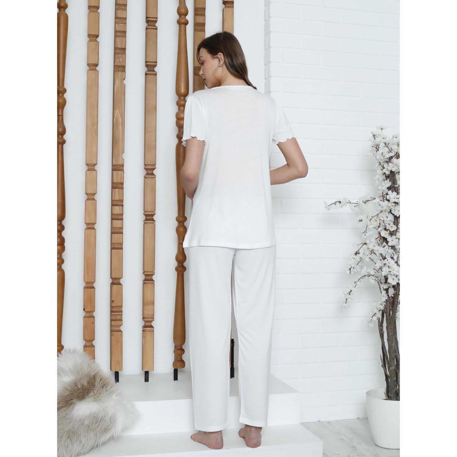 Limissi Loh.  Kare Yaka Aplikeli  Pijama Takımı - Ekru