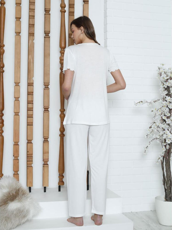 Limissi Loh.  Kare Yaka Aplikeli  Pijama Takımı - Ekru