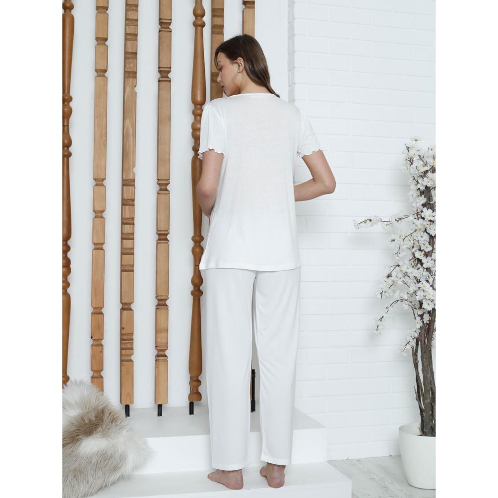 Limissi Loh.  Kare Yaka Aplikeli  Pijama Takımı - Ekru