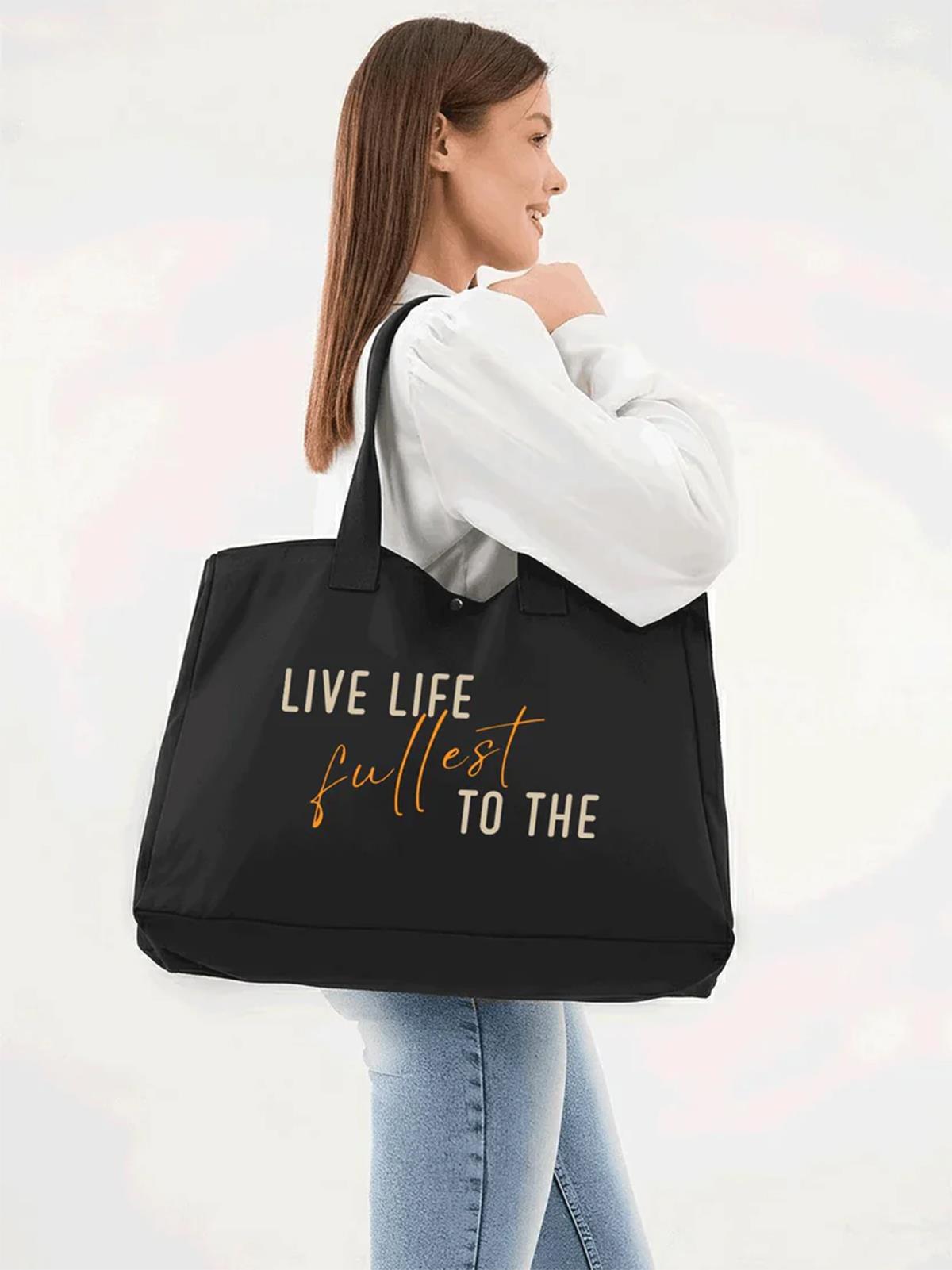 Çınar Bez Çanta Siyah 3 Çıtlı Live Life Baskılı Büyük Boy Kanvas Çanta - Standart