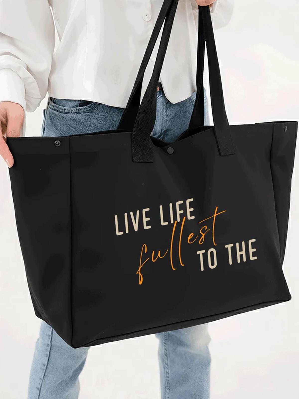 Çınar Bez Çanta Siyah 3 Çıtlı Live Life Baskılı Büyük Boy Kanvas Çanta - Standart
