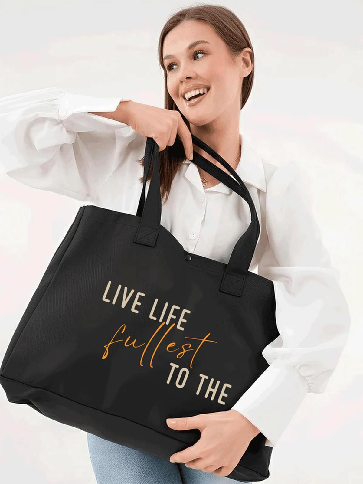 Çınar Bez Çanta Siyah 3 Çıtlı Live Life Baskılı Büyük Boy Kanvas Çanta - Standart