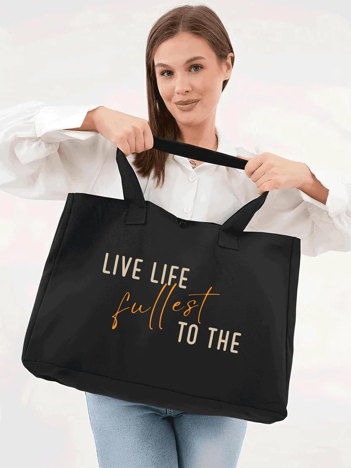 Çınar Bez Çanta Siyah 3 Çıtlı Live Life Baskılı Büyük Boy Kanvas Çanta - Standart