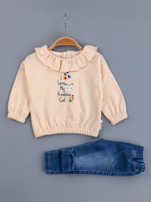 Baby Zz Büzgülü Yaka Kot Pantolonlu 6-18 Ay Takım - Pudra