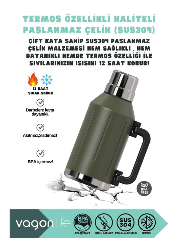Vagonlife Çelik Termos Matara 1200 ml - Yeşil