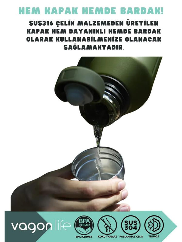 Vagonlife Çelik Termos Matara 1200 ml - Yeşil