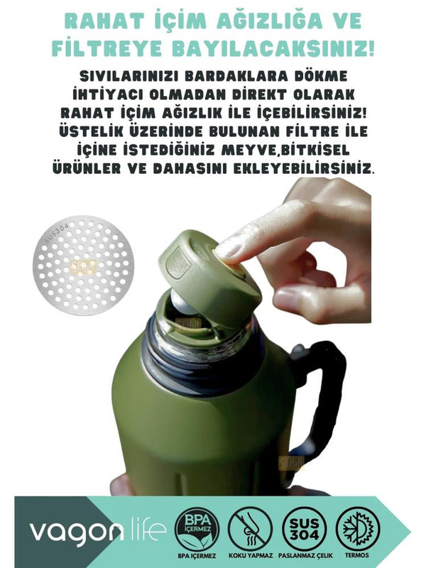 Vagonlife Çelik Termos Matara 1200 ml - Yeşil