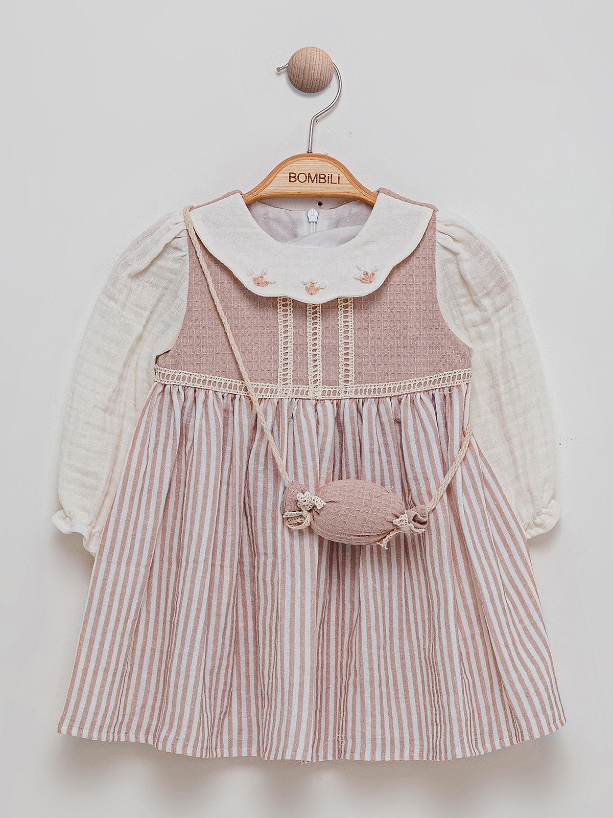 Bombili Çanta Aksesuarlı Dantel Detaylı 6-18 Ay Jile ve Elbise - Pudra