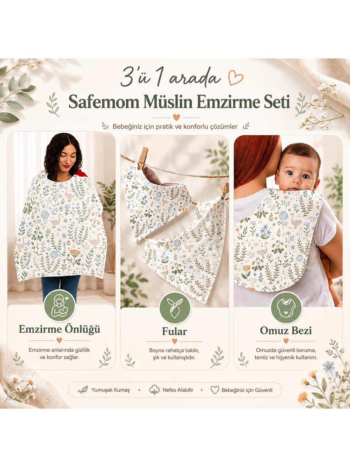 Safemom - Müslin Yeni Doğan Emzirme Seti - Swan - Yeşil