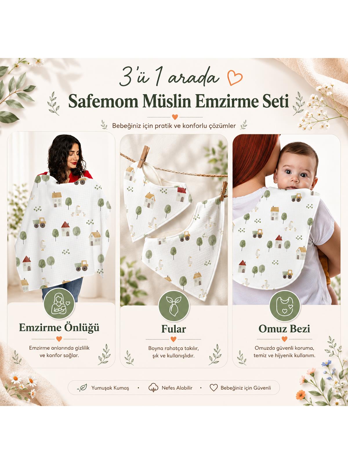 Safemom - Müslin Yeni Doğan Emzirme Seti - Swan - Bej