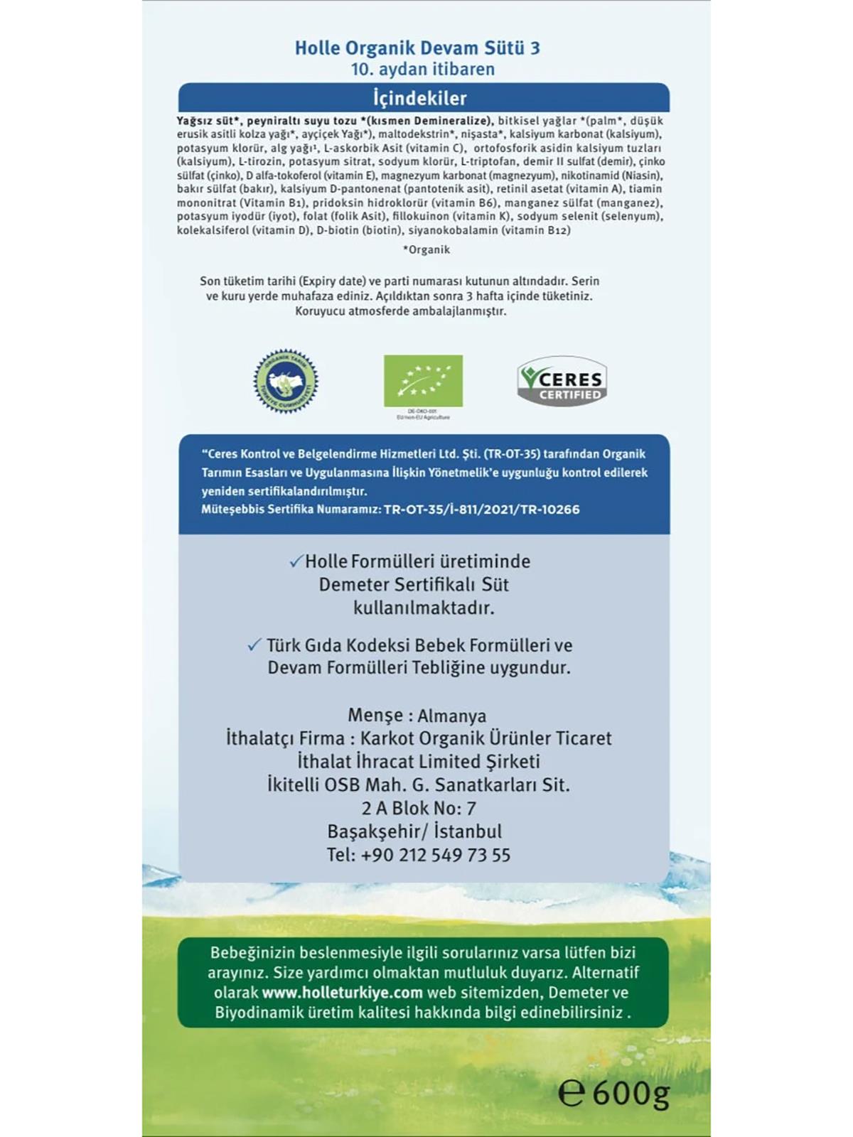 Holle Organik 3 Devam Sütü 600 Gr