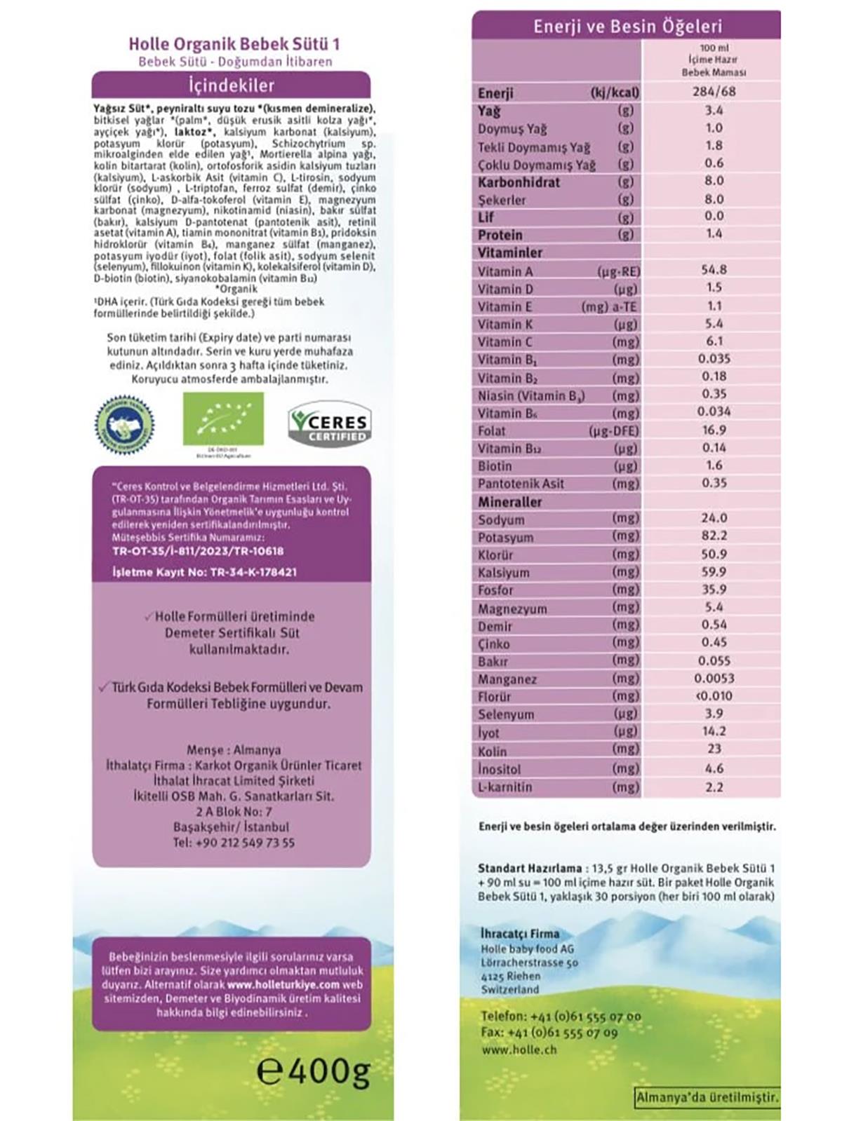 Holle Organik 1 Bebek Sütü 400 Gr