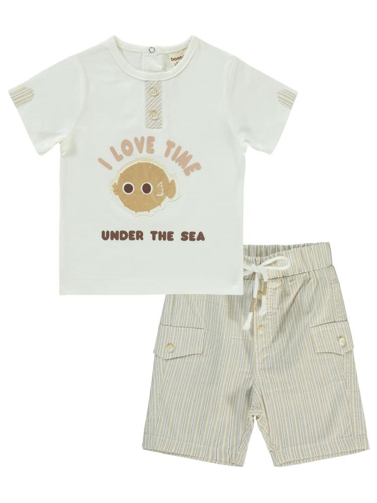 Bombili Balık Nakışlı Şortlu 6-18 Ay Takım - Kahverengi