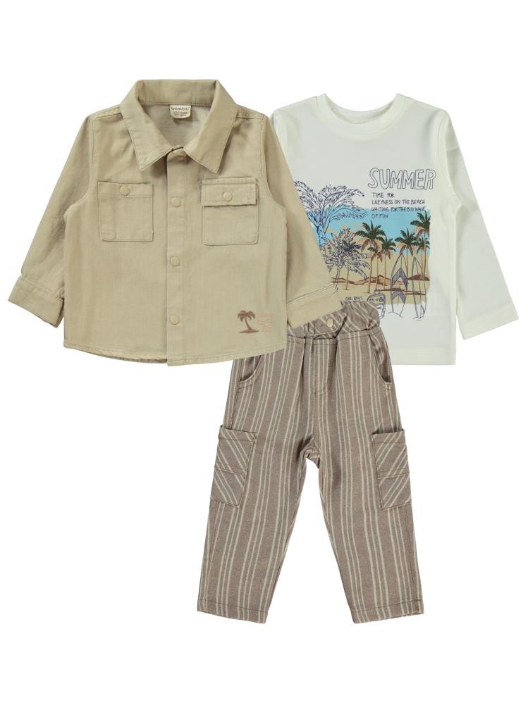Bombili Palmiye Nakışlı Gömlekli 3'lü 1-3 Yaş Takım - Bej