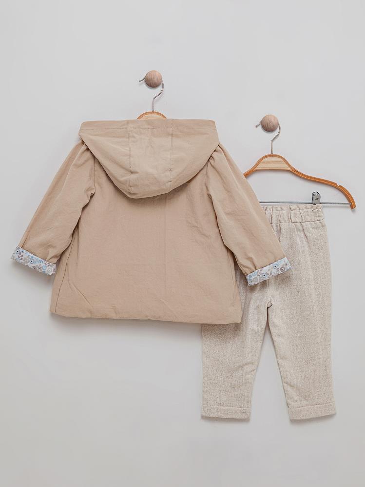 Bombili Dantel Detaylı Kapşonlu Hırkalı 3'lü 6-18 Ay Takım - Bej