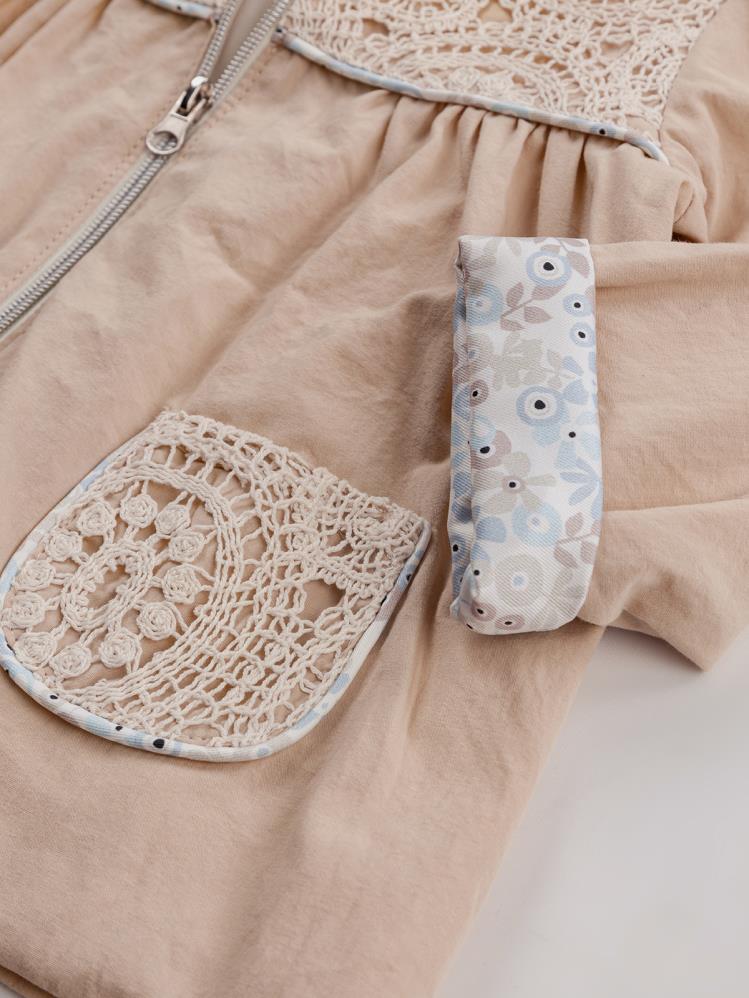 Bombili Dantel Detaylı Kapşonlu Hırkalı 3'lü 6-18 Ay Takım - Bej