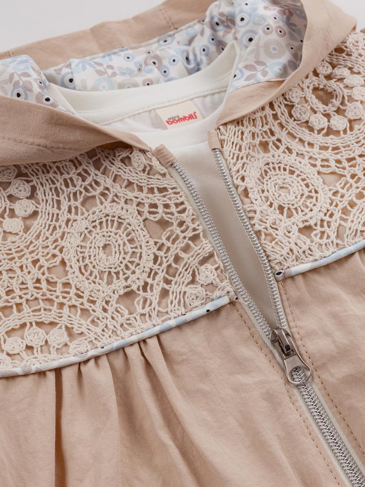 Bombili Dantel Detaylı Kapşonlu Hırkalı 3'lü 6-18 Ay Takım - Bej