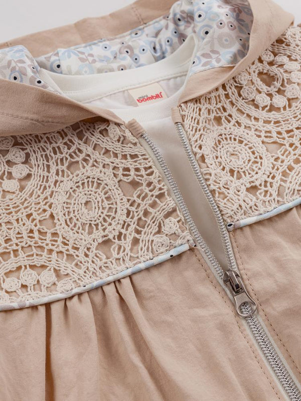 Bombili Dantel Detaylı Kapşonlu Hırkalı 3'lü 6-18 Ay Takım - Bej