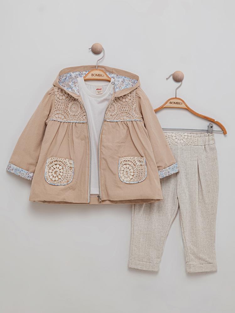 Bombili Dantel Detaylı Kapşonlu Hırkalı 3'lü 6-18 Ay Takım - Bej