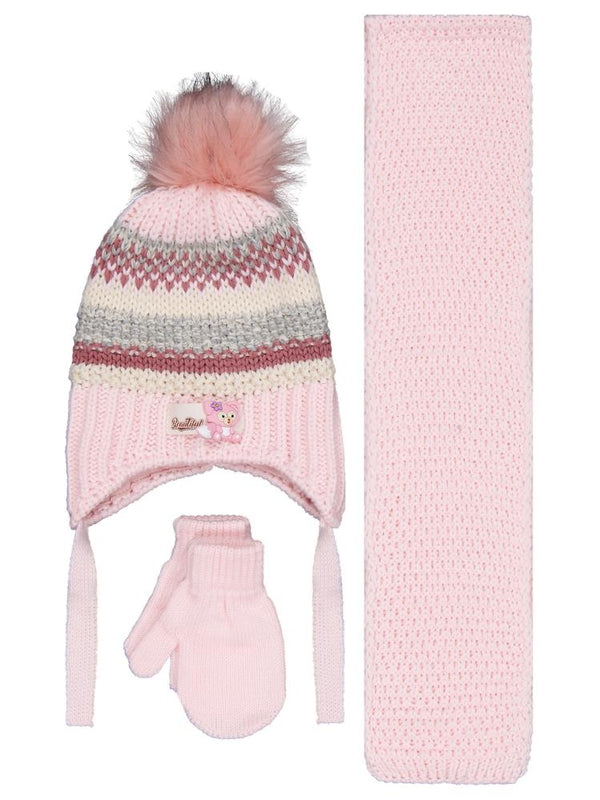 P-K25150-02 Bebek Kız  0-18 Aylık Atkı Bere Eldiven Set