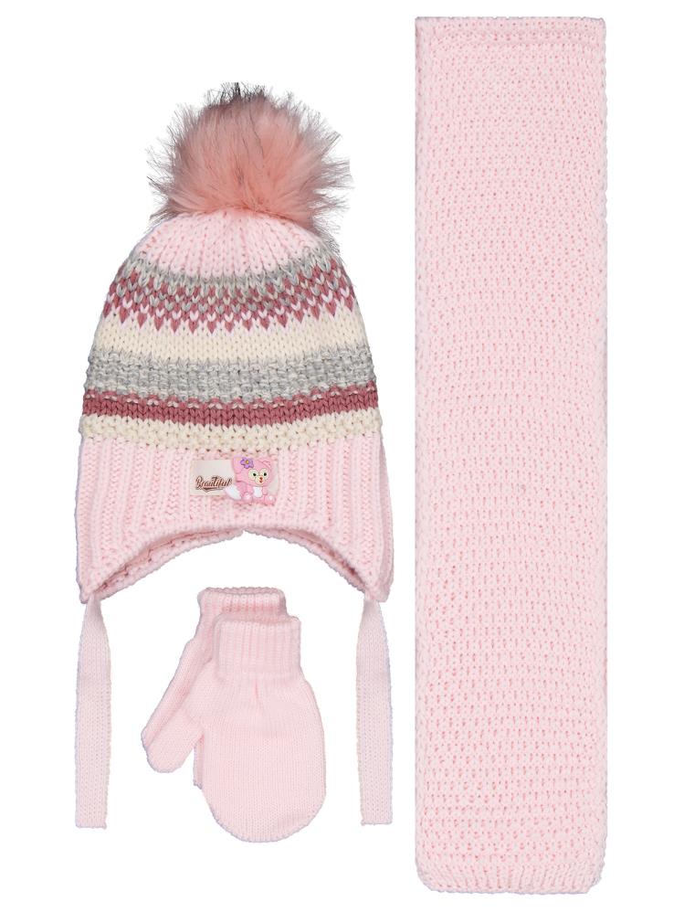 P-K25150-02 Bebek Kız  0-18 Aylık Atkı Bere Eldiven Set
