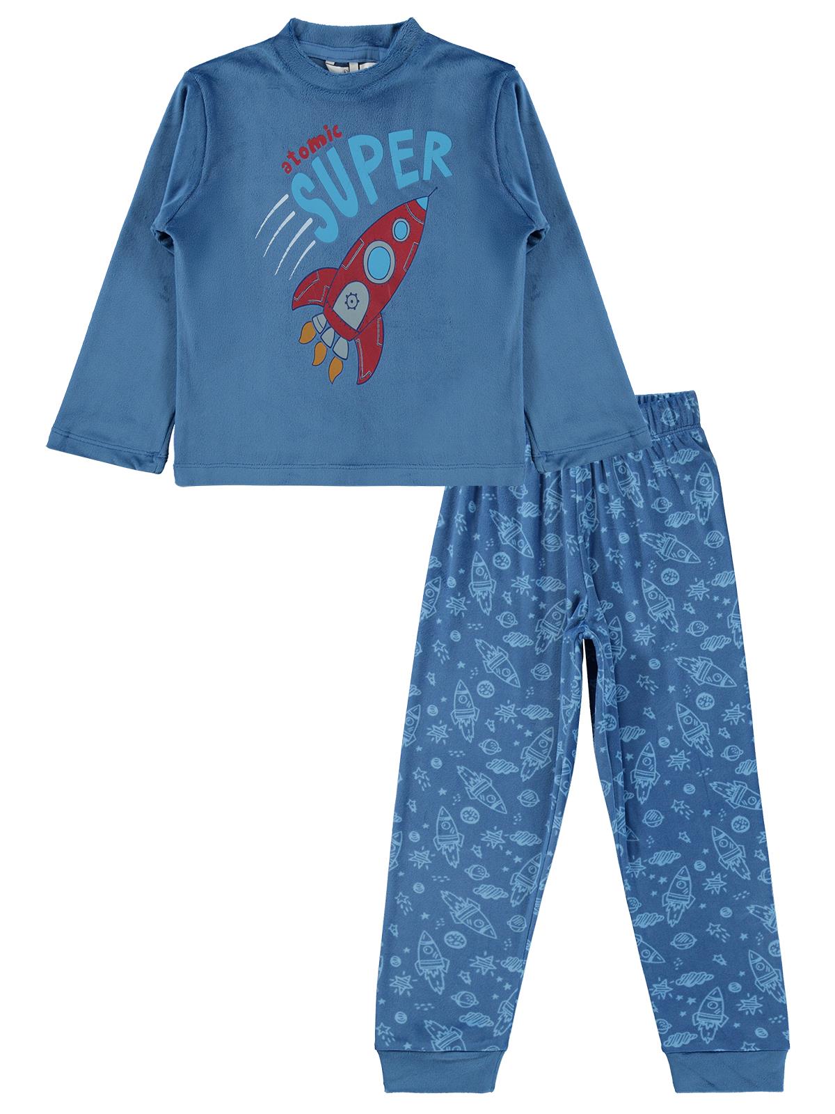 Supersoft Pijama Takımı | Kadife Uzun Kol Bisiklet Yaka Baskılı | Okul Kreş ve Günlük Kullanım - Mavi