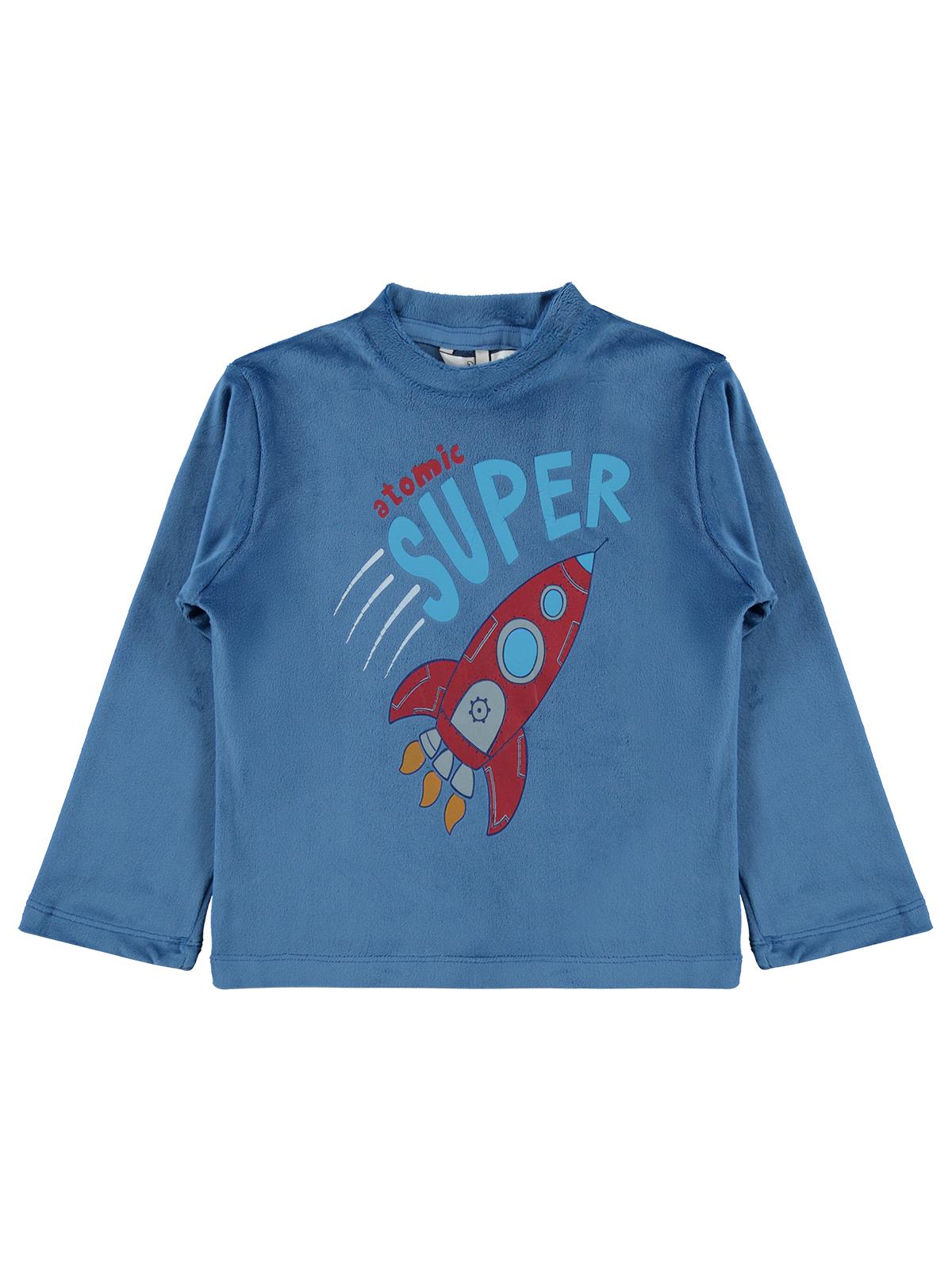Supersoft Pijama Takımı | Kadife Uzun Kol Bisiklet Yaka Baskılı | Okul Kreş ve Günlük Kullanım - Mavi
