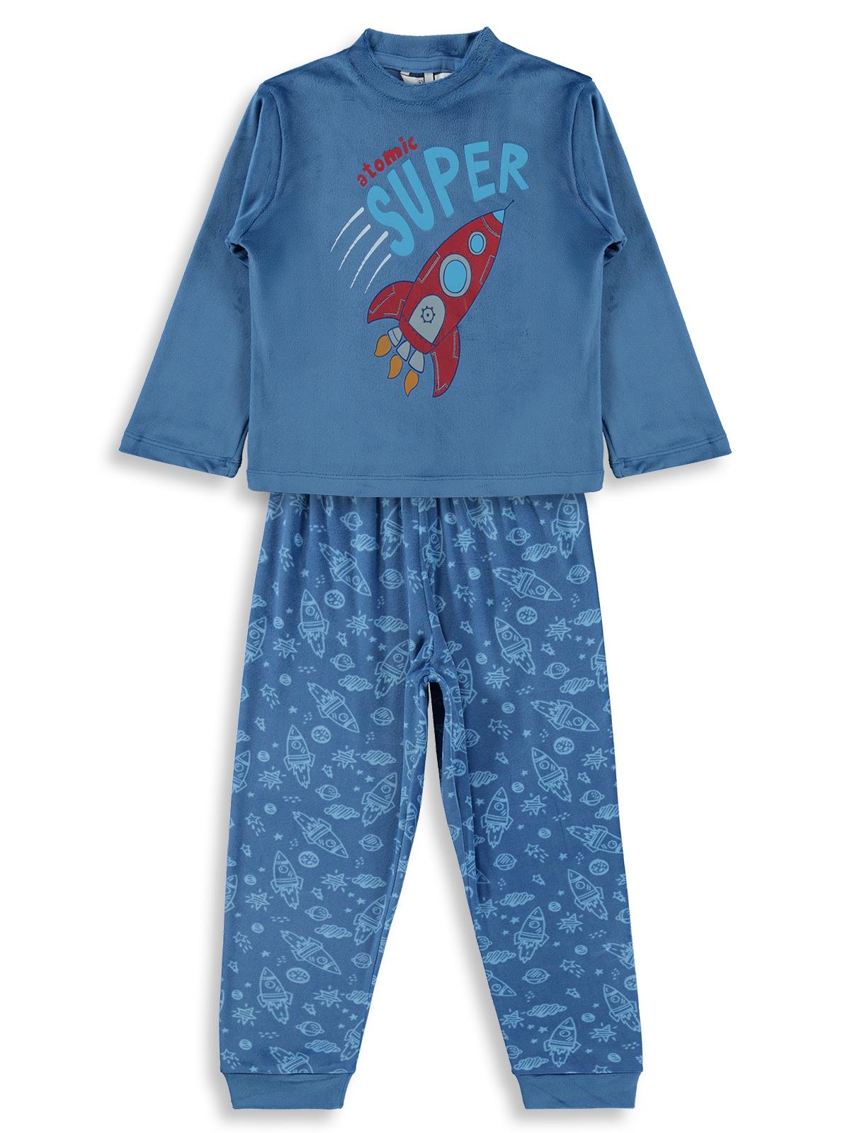 Supersoft Pijama Takımı | Kadife Uzun Kol Bisiklet Yaka Baskılı | Okul Kreş ve Günlük Kullanım - Mavi