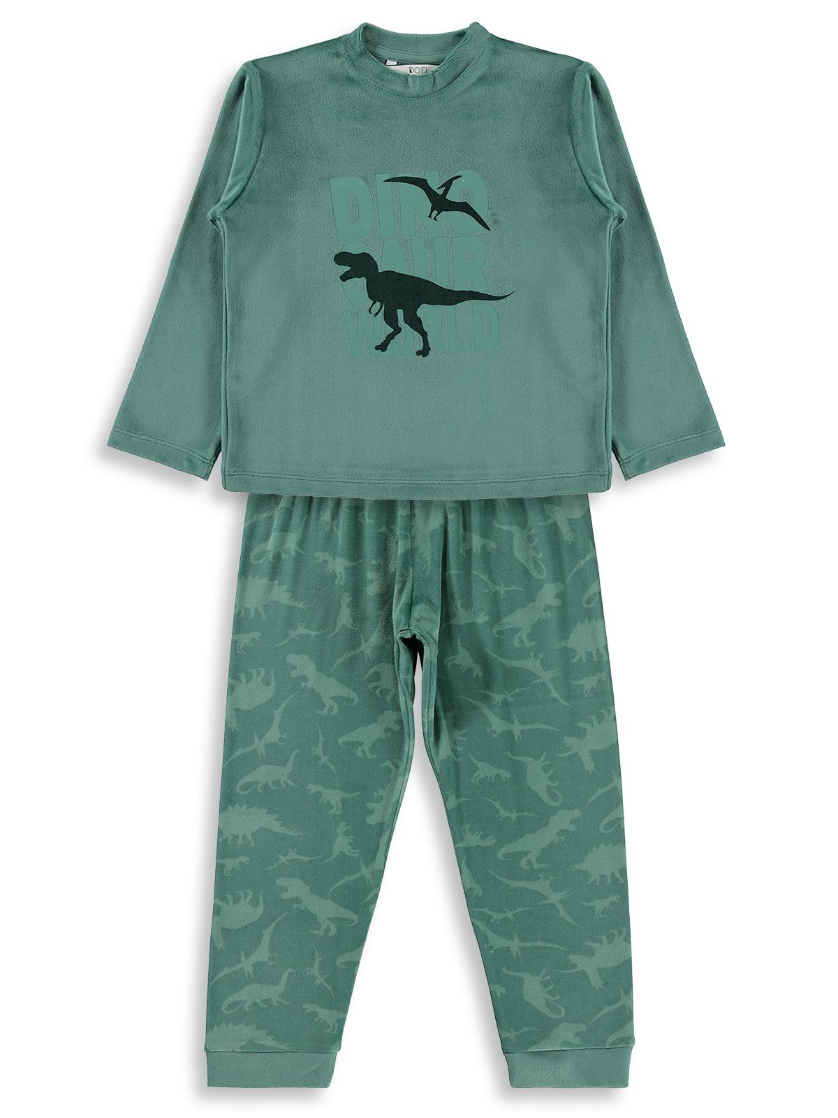 Dinazor World Basıklı Pijama Takımı | Kadife Uzun Kol Bisiklet Yaka | Okul Kreş ve Günlük Kullanım - Yeşil