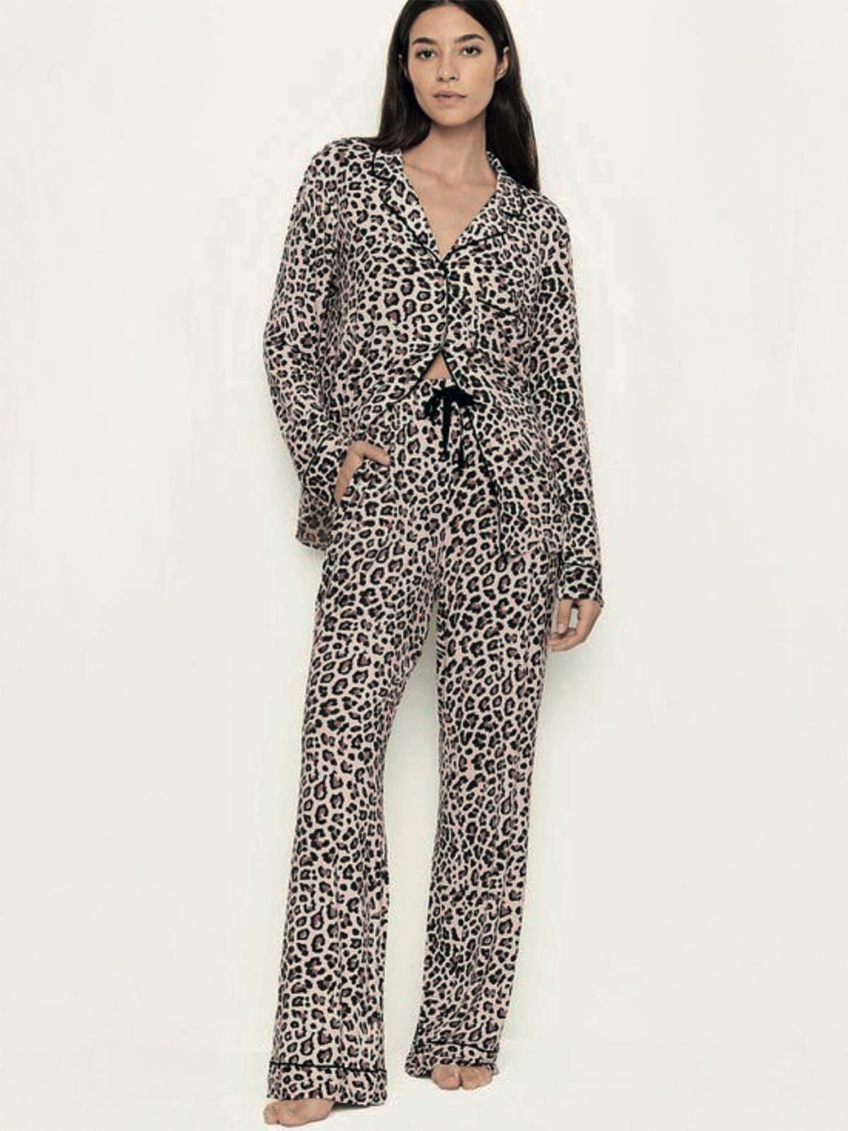 Dofi Kadın Düğmeli Leoparlı S-XL Pijama Takımı - Kahverengi