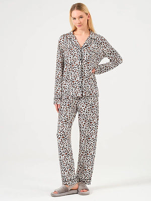 Dofi Kadın Düğmeli Leoparlı S-XL Pijama Takımı - Kahverengi