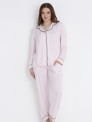 Dofi Kadın Puantiyeli Düğmeli S-XL Pijama Takımı - Pembe