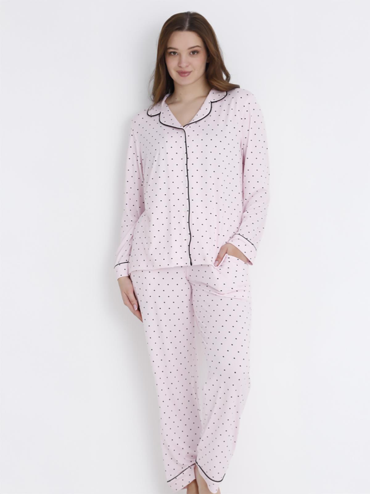 Dofi Kadın Puantiyeli Düğmeli S-XL Pijama Takımı - Pembe