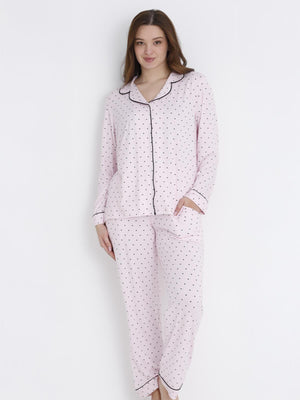 Dofi Kadın Puantiyeli Düğmeli S-XL Pijama Takımı - Pembe
