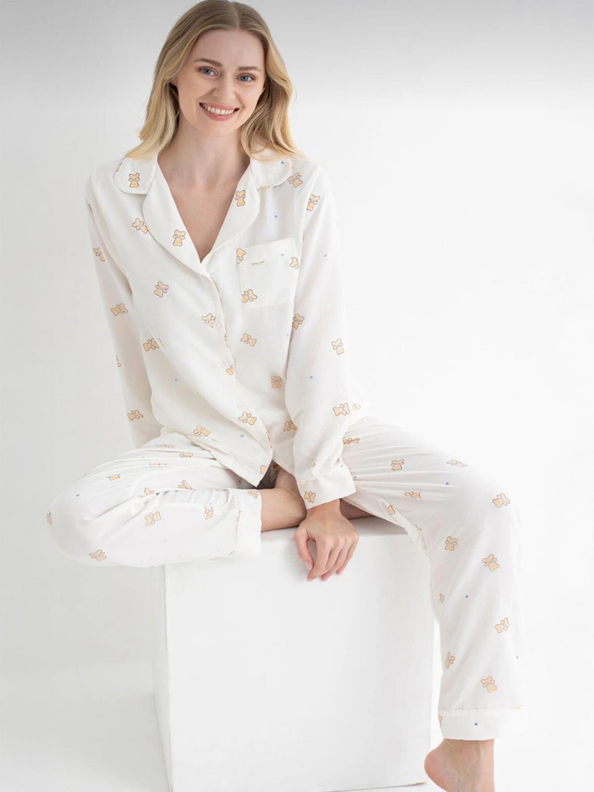 Dofi Kadın Desenli S-XL Pijama Takımı - Ekru