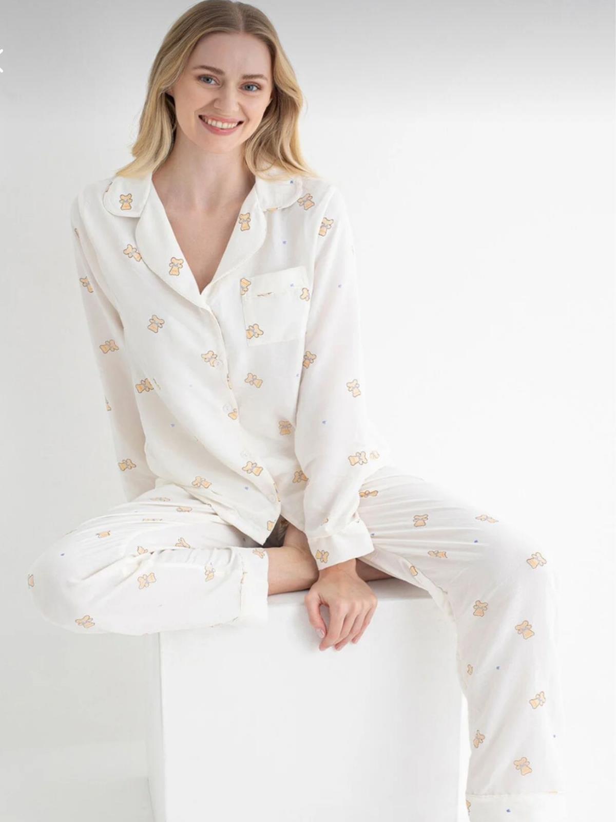 Dofi Kadın Desenli S-XL Pijama Takımı - Ekru