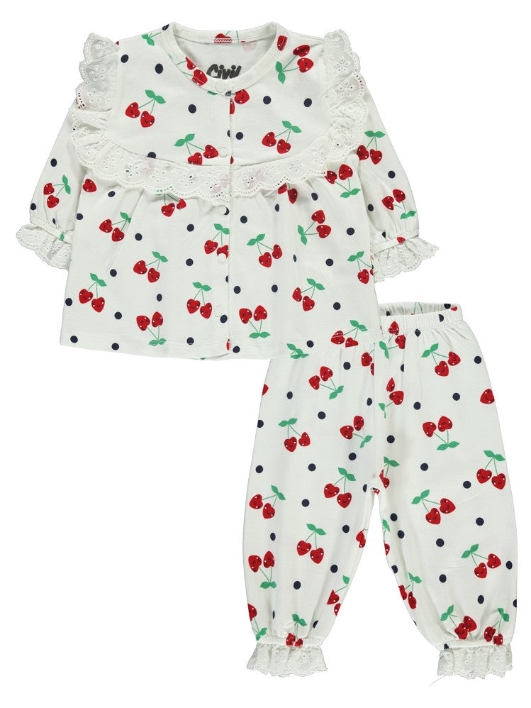 Civil Baby Puanlı Kiraz Emprime Fistolu Kız 6-18 Ay Pijama Takımı - Ekru
