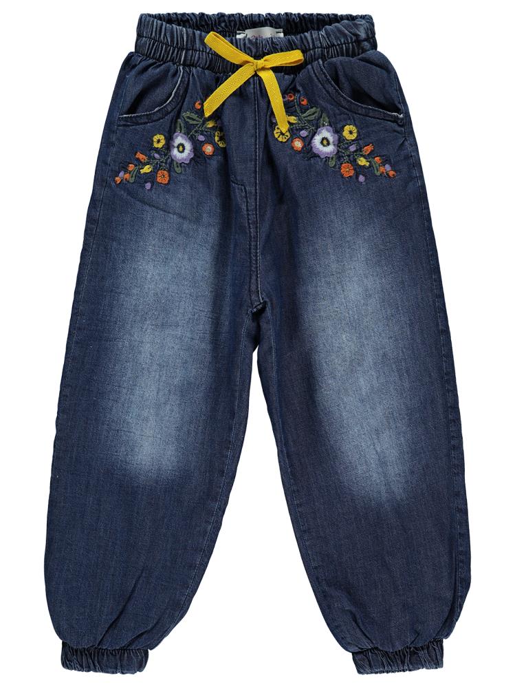 Civil Girls Cep Ağzı Çiçek Nakışlı Velsoftlu 2-5 Yaş Pantolon - Mavi