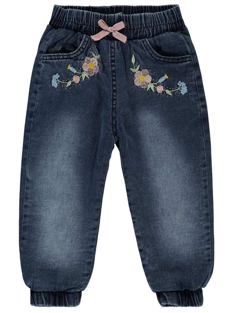 Civil Girls Cep Ağzı Çiçek Nakışlı Velsoftlu 2-5 Yaş Pantolon - Mavi