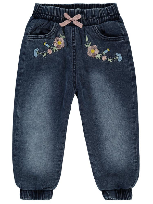 Civil Girls Cep Ağzı Çiçek Nakışlı Velsoftlu 2-5 Yaş Pantolon - Mavi