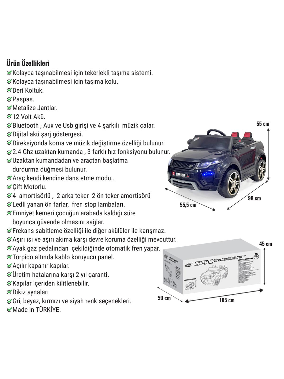 Akar Oyuncak Raptor Akülü Araba Uzaktan Kumandalı 4X2 - 12 Volt - Siyah