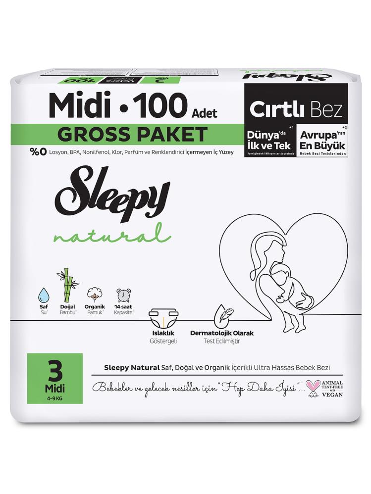 Sleepy Natural Gross Paket Bebek Bezi 3 Numara Midi 100 Adet