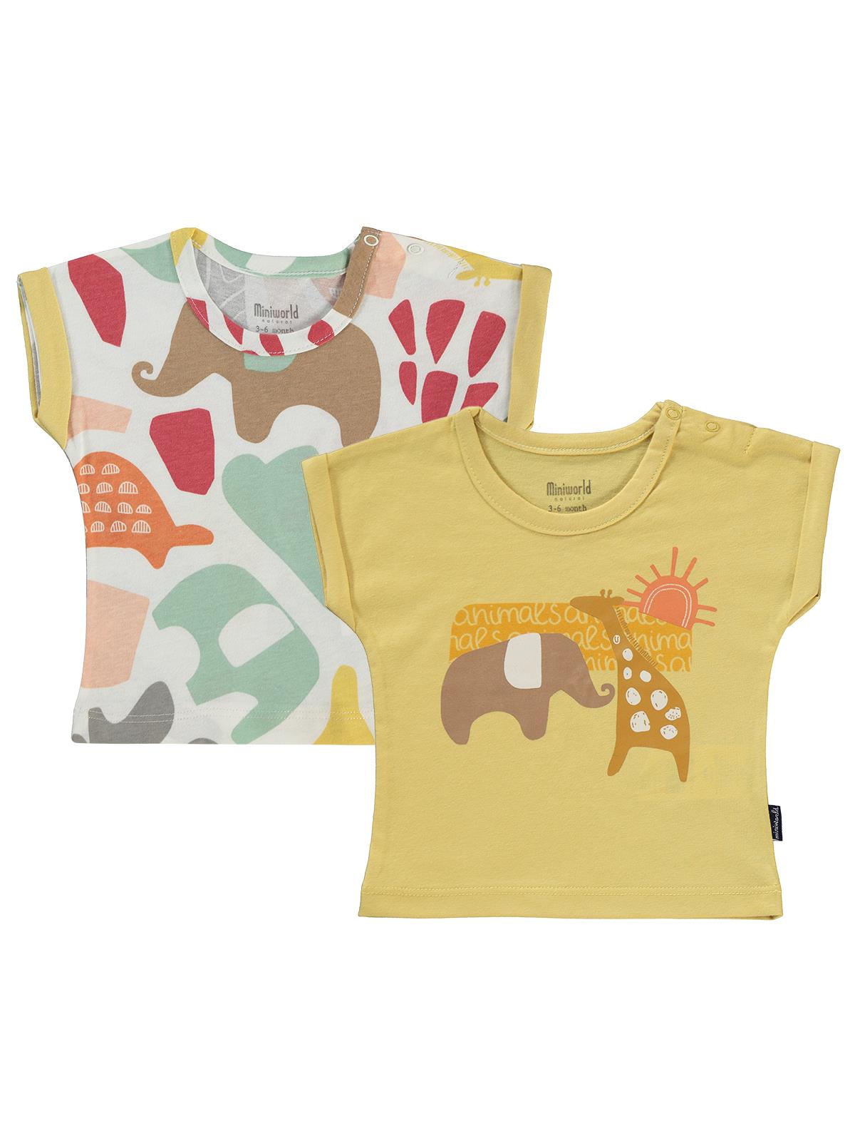 Minidünya Tekstil Renkli Figürlü 2'in 1 Pack 3-12 Ay Tişört - Hardal