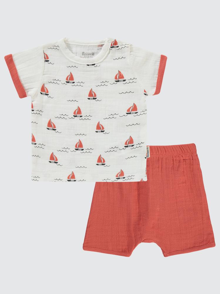 Miniworld Baskılı Müslin Şortlu 6-18 Ay Takım - Turuncu